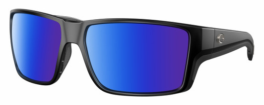 Profile View of Costa Del Mar Reefton Pro Designer Polarized Sunglasses with Custom Cut Blue Mirror Lenses in Matte Black Unisex Rectangular Full Rim Acetate 63 mm