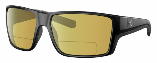 Profile View of Costa Del Mar Reefton Pro Designer Polarized Reading Sunglasses with Custom Cut Powered Sun Flower Yellow Lenses in Matte Black Unisex Rectangular Full Rim Acetate 63 mm
