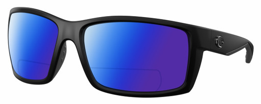 Profile View of Costa Del Mar Reefton Designer Polarized Reading Sunglasses with Custom Cut Powered Blue Mirror Lenses in Matte Black Blackout Unisex Rectangular Full Rim Acetate 64 mm