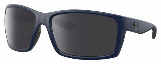 Profile View of Costa Del Mar Reefton Designer Polarized Reading Sunglasses with Custom Cut Powered Smoke Grey Lenses in Matte Navy Blue Gray Unisex Rectangular Full Rim Acetate 64 mm