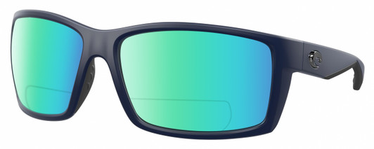 Profile View of Costa Del Mar Reefton Designer Polarized Reading Sunglasses with Custom Cut Powered Green Mirror Lenses in Matte Navy Blue Gray Unisex Rectangular Full Rim Acetate 64 mm