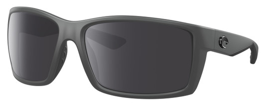 Profile View of Costa Del Mar Reefton Designer Polarized Sunglasses with Custom Cut Smoke Grey Lenses in Matte Gray Black Unisex Rectangular Full Rim Acetate 64 mm