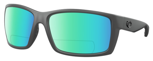 Profile View of Costa Del Mar Reefton Designer Polarized Reading Sunglasses with Custom Cut Powered Green Mirror Lenses in Matte Gray Black Unisex Rectangular Full Rim Acetate 64 mm