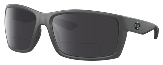 Profile View of Costa Del Mar Reefton Designer Polarized Reading Sunglasses with Custom Cut Powered Smoke Grey Lenses in Matte Gray Black Unisex Rectangular Full Rim Acetate 64 mm