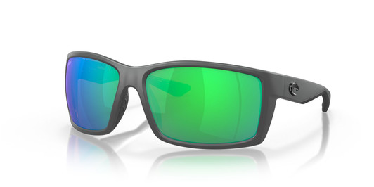 Profile View of Costa Del Mar Reefton Unisex Sunglasses in Gray/Polarized Green Mirror 580P 64mm