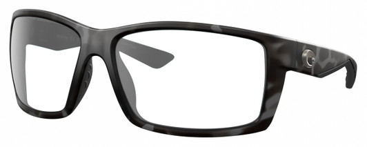 Profile View of Costa Del Mar Reefton Designer Blue Light Blocking Eyeglasses in Matte Gray Black Tiger Shark Unisex Rectangular Full Rim Acetate 64 mm