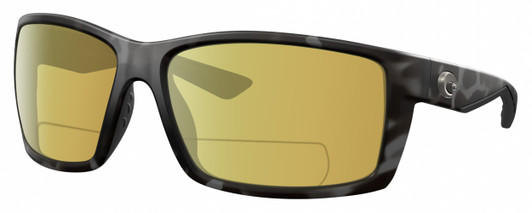 Profile View of Costa Del Mar Reefton Designer Polarized Reading Sunglasses with Custom Cut Powered Sun Flower Yellow Lenses in Matte Gray Black Tiger Shark Unisex Rectangular Full Rim Acetate 64 mm