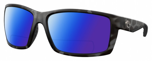 Profile View of Costa Del Mar Reefton Designer Polarized Reading Sunglasses with Custom Cut Powered Blue Mirror Lenses in Matte Gray Black Tiger Shark Unisex Rectangular Full Rim Acetate 64 mm