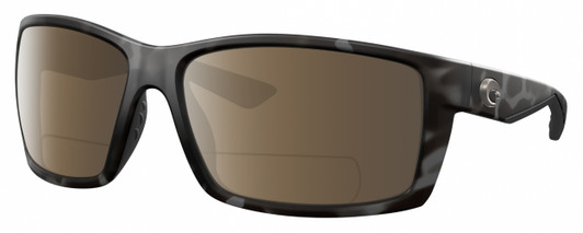 Profile View of Costa Del Mar Reefton Designer Polarized Reading Sunglasses with Custom Cut Powered Amber Brown Lenses in Matte Gray Black Tiger Shark Unisex Rectangular Full Rim Acetate 64 mm