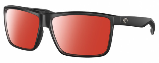 Profile View of Costa Del Mar Rinconcito Designer Polarized Sunglasses with Custom Cut Red Mirror Lenses in Matte Black Unisex Rectangular Full Rim Acetate 60 mm