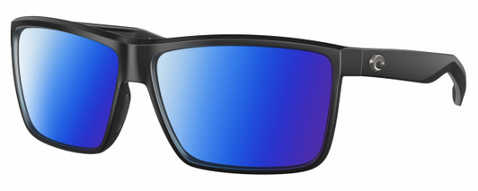 Profile View of Costa Del Mar Rinconcito Designer Polarized Sunglasses with Custom Cut Blue Mirror Lenses in Matte Black Unisex Rectangular Full Rim Acetate 60 mm