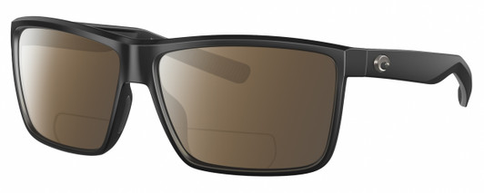 Profile View of Costa Del Mar Rinconcito Designer Polarized Reading Sunglasses with Custom Cut Powered Amber Brown Lenses in Matte Black Unisex Rectangular Full Rim Acetate 60 mm