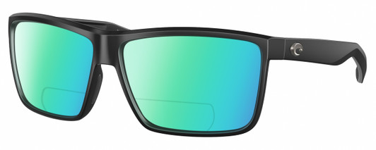 Profile View of Costa Del Mar Rinconcito Designer Polarized Reading Sunglasses with Custom Cut Powered Green Mirror Lenses in Matte Black Unisex Rectangular Full Rim Acetate 60 mm