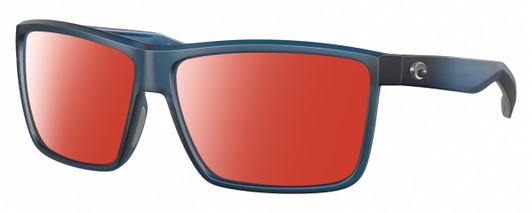 Profile View of Costa Del Mar Rinconcito Designer Polarized Sunglasses with Custom Cut Red Mirror Lenses in Matte Atlantic Blue Unisex Rectangular Full Rim Acetate 60 mm