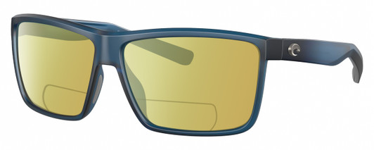Profile View of Costa Del Mar Rinconcito Designer Polarized Reading Sunglasses with Custom Cut Powered Sun Flower Yellow Lenses in Matte Atlantic Blue Unisex Rectangular Full Rim Acetate 60 mm