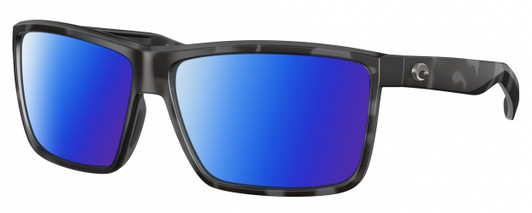 Profile View of Costa Del Mar Rinconcito Designer Polarized Sunglasses with Custom Cut Blue Mirror Lenses in Matte Gray Black Tiger Shark Unisex Rectangular Full Rim Acetate 60 mm