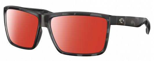 Profile View of Costa Del Mar Rinconcito Designer Polarized Sunglasses with Custom Cut Red Mirror Lenses in Matte Gray Black Tiger Shark Unisex Rectangular Full Rim Acetate 60 mm