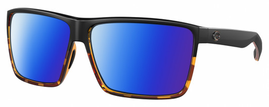Profile View of Costa Del Mar Rincon Designer Polarized Sunglasses with Custom Cut Blue Mirror Lenses in Matte Black Shiny Amber Brown Tortoise Havana Unisex Square Full Rim Acetate 63 mm