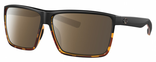 Profile View of Costa Del Mar Rincon Designer Polarized Sunglasses with Custom Cut Amber Brown Lenses in Matte Black Shiny Amber Brown Tortoise Havana Unisex Square Full Rim Acetate 63 mm