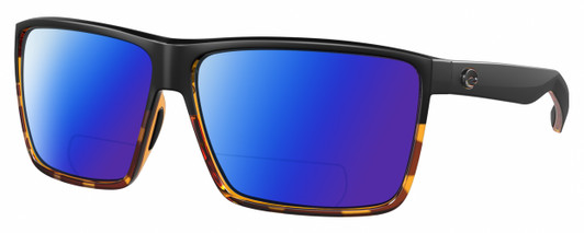 Profile View of Costa Del Mar Rincon Designer Polarized Reading Sunglasses with Custom Cut Powered Blue Mirror Lenses in Matte Black Shiny Amber Brown Tortoise Havana Unisex Square Full Rim Acetate 63 mm