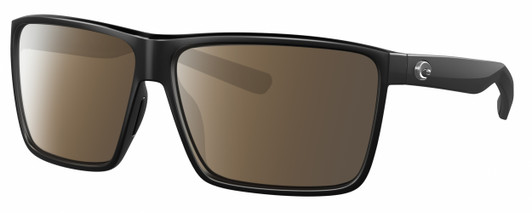 Profile View of Costa Del Mar Rincon Designer Polarized Sunglasses with Custom Cut Amber Brown Lenses in Matte Black Unisex Square Full Rim Acetate 63 mm
