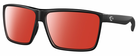 Profile View of Costa Del Mar Rincon Designer Polarized Sunglasses with Custom Cut Red Mirror Lenses in Matte Black Unisex Square Full Rim Acetate 63 mm