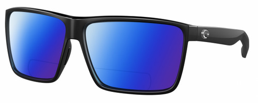 Profile View of Costa Del Mar Rincon Designer Polarized Reading Sunglasses with Custom Cut Powered Blue Mirror Lenses in Matte Black Unisex Square Full Rim Acetate 63 mm