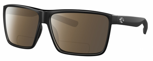 Profile View of Costa Del Mar Rincon Designer Polarized Reading Sunglasses with Custom Cut Powered Amber Brown Lenses in Matte Black Unisex Square Full Rim Acetate 63 mm