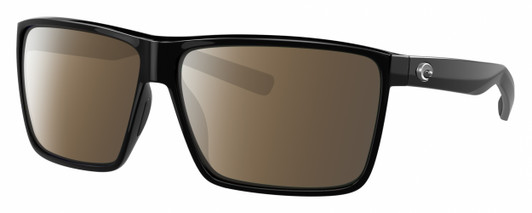 Profile View of Costa Del Mar Rincon Designer Polarized Sunglasses with Custom Cut Amber Brown Lenses in Shiny Black Unisex Square Full Rim Acetate 63 mm