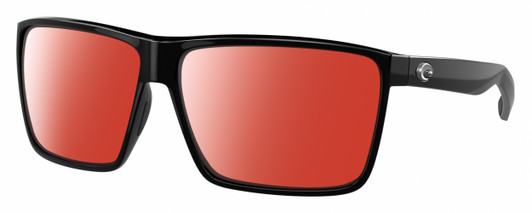 Profile View of Costa Del Mar Rincon Designer Polarized Sunglasses with Custom Cut Red Mirror Lenses in Shiny Black Unisex Square Full Rim Acetate 63 mm