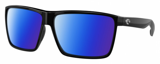 Profile View of Costa Del Mar Rincon Designer Polarized Sunglasses with Custom Cut Blue Mirror Lenses in Shiny Black Unisex Square Full Rim Acetate 63 mm