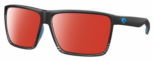 Profile View of Costa Del Mar Rincon Designer Polarized Sunglasses with Custom Cut Red Mirror Lenses in Matte Black Smoke Gray Crystal Stripes Fade Unisex Square Full Rim Acetate 63 mm