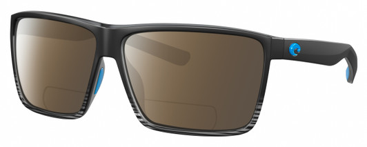 Profile View of Costa Del Mar Rincon Designer Polarized Reading Sunglasses with Custom Cut Powered Amber Brown Lenses in Matte Black Smoke Gray Crystal Stripes Fade Unisex Square Full Rim Acetate 63 mm