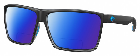 Profile View of Costa Del Mar Rincon Designer Polarized Reading Sunglasses with Custom Cut Powered Blue Mirror Lenses in Matte Black Smoke Gray Crystal Stripes Fade Unisex Square Full Rim Acetate 63 mm
