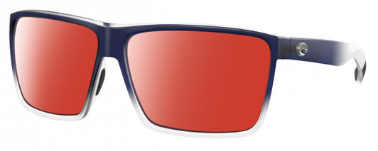 Profile View of Costa Del Mar Rincon Designer Polarized Sunglasses with Custom Cut Red Mirror Lenses in Matte Denim Blue Clear Crystal Fade Unisex Square Full Rim Acetate 63 mm