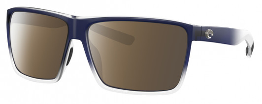 Profile View of Costa Del Mar Rincon Designer Polarized Sunglasses with Custom Cut Amber Brown Lenses in Matte Denim Blue Clear Crystal Fade Unisex Square Full Rim Acetate 63 mm