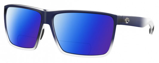 Profile View of Costa Del Mar Rincon Designer Polarized Reading Sunglasses with Custom Cut Powered Blue Mirror Lenses in Matte Denim Blue Clear Crystal Fade Unisex Square Full Rim Acetate 63 mm