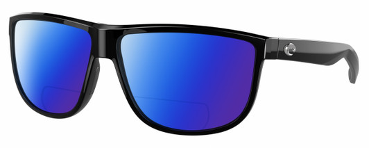 Profile View of Costa Del Mar RINCONDO Designer Polarized Reading Sunglasses with Custom Cut Powered Blue Mirror Lenses in Shiny Black Unisex Panthos Full Rim Acetate 61 mm
