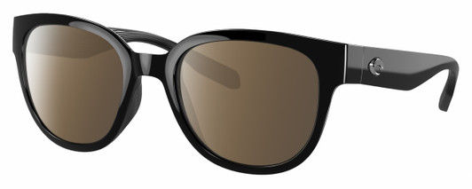 Profile View of Costa Del Mar Salina Designer Polarized Sunglasses with Custom Cut Amber Brown Lenses in Shiny Black Ladies Cat Eye Full Rim Acetate 53 mm