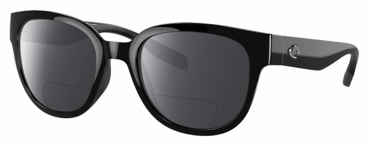 Profile View of Costa Del Mar Salina Designer Polarized Reading Sunglasses with Custom Cut Powered Smoke Grey Lenses in Shiny Black Ladies Cat Eye Full Rim Acetate 53 mm