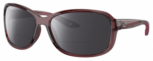 Profile View of Costa Del Mar Seadrift Designer Polarized Reading Sunglasses with Custom Cut Powered Smoke Grey Lenses in Urchin Purple Crystal Ladies Butterfly Full Rim Acetate 58 mm