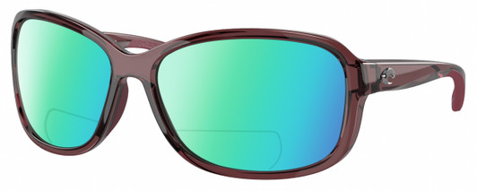 Profile View of Costa Del Mar Seadrift Designer Polarized Reading Sunglasses with Custom Cut Powered Green Mirror Lenses in Urchin Purple Crystal Ladies Butterfly Full Rim Acetate 58 mm