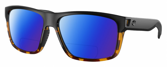 Profile View of Costa Del Mar Slack Tide Designer Polarized Reading Sunglasses with Custom Cut Powered Blue Mirror Lenses in Matte Black Shiny Amber Brown Tortoise Havana Unisex Square Full Rim Acetate 60 mm