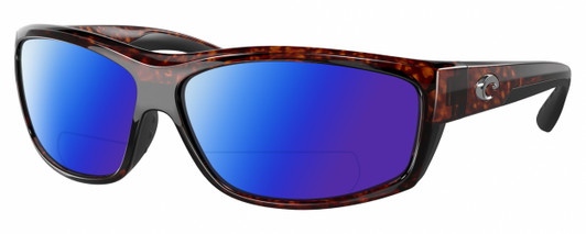 Profile View of Costa Del Mar Salt Break Designer Polarized Reading Sunglasses with Custom Cut Powered Blue Mirror Lenses in Amber Brown Tortoise Havana Black Unisex Rectangular Full Rim Acetate 65 mm