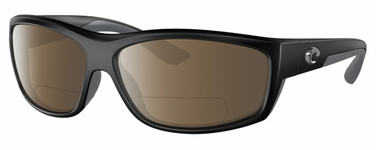 Profile View of Costa Del Mar Salt Break Designer Polarized Reading Sunglasses with Custom Cut Powered Amber Brown Lenses in Matte Black Gray Unisex Rectangular Full Rim Acetate 65 mm