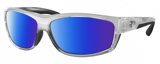 Profile View of Costa Del Mar Salt Break Designer Polarized Sunglasses with Custom Cut Blue Mirror Lenses in Silver Black Clear Crystal Unisex Rectangular Full Rim Acetate 65 mm