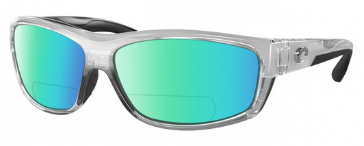 Profile View of Costa Del Mar Salt Break Designer Polarized Reading Sunglasses with Custom Cut Powered Green Mirror Lenses in Silver Black Clear Crystal Unisex Rectangular Full Rim Acetate 65 mm