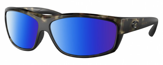 Profile View of Costa Del Mar Salt Break Designer Polarized Sunglasses with Custom Cut Blue Mirror Lenses in Matte Brown Gray Crystal Black Wetlands Unisex Rectangular Full Rim Acetate 65 mm