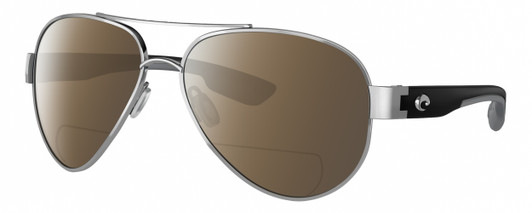 Profile View of Costa Del Mar South Point Designer Polarized Reading Sunglasses with Custom Cut Powered Amber Brown Lenses in Palladium Silver Matte Black Gray Unisex Pilot Full Rim Metal 59 mm