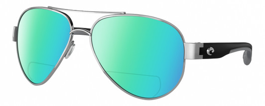 Profile View of Costa Del Mar South Point Designer Polarized Reading Sunglasses with Custom Cut Powered Green Mirror Lenses in Palladium Silver Matte Black Gray Unisex Pilot Full Rim Metal 59 mm